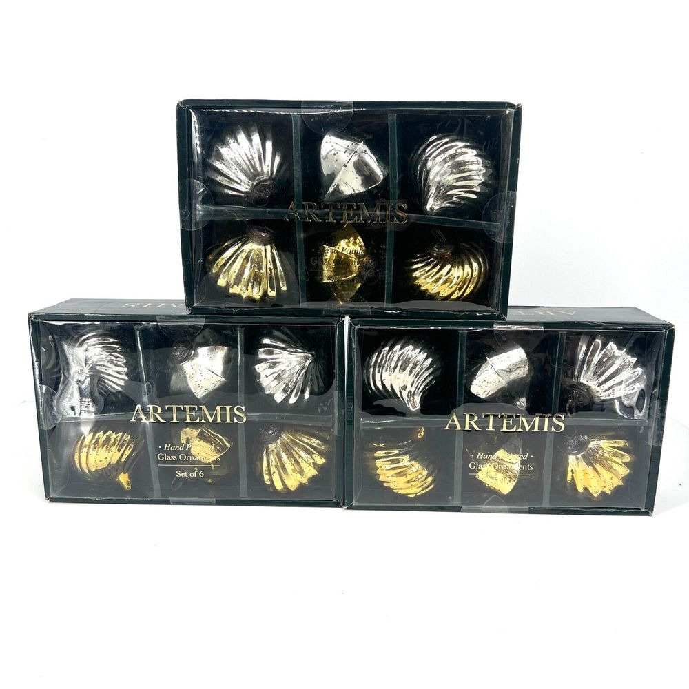 ARTEMIS Mercury Glass Christmas Ornaments 3.75" Silver Gold 3 Boxes/18 Total NEW